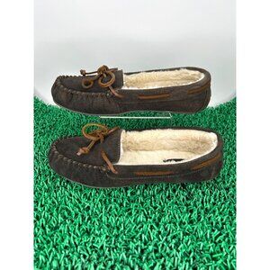 Clarks Womens Adalyn Moccasin Vamp Slippers 9M Brown Suede Faux Fur Cozy Comfort